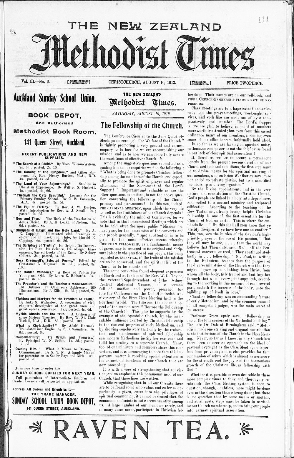 The New Zealand Methodist Times: 10th August 1912