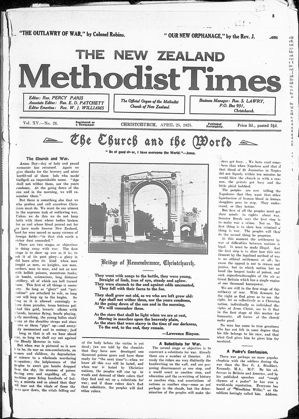 The New Zealand Methodist Times: 25th April 1925