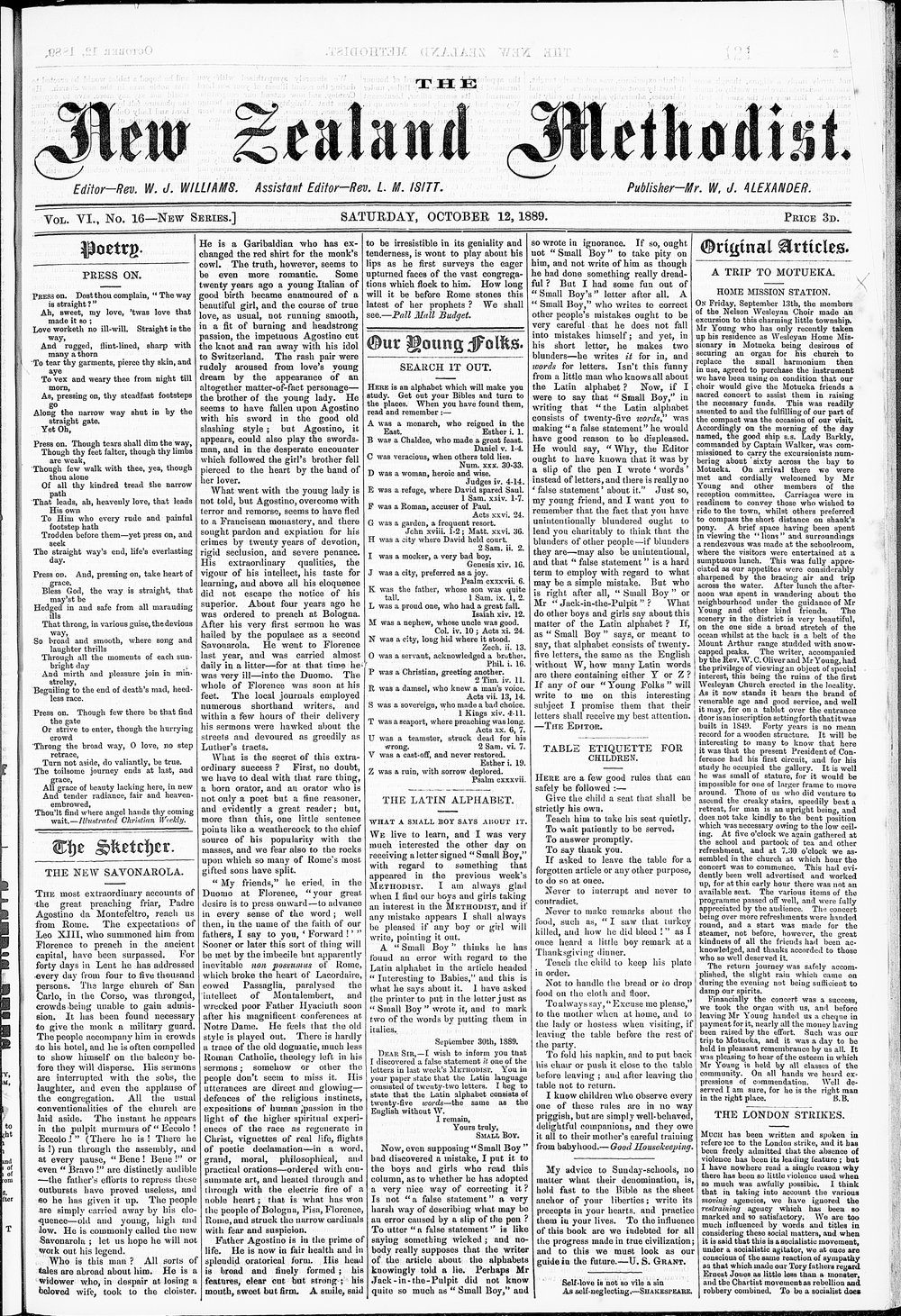 The New Zealand Methodist Times: 12th October 1889
