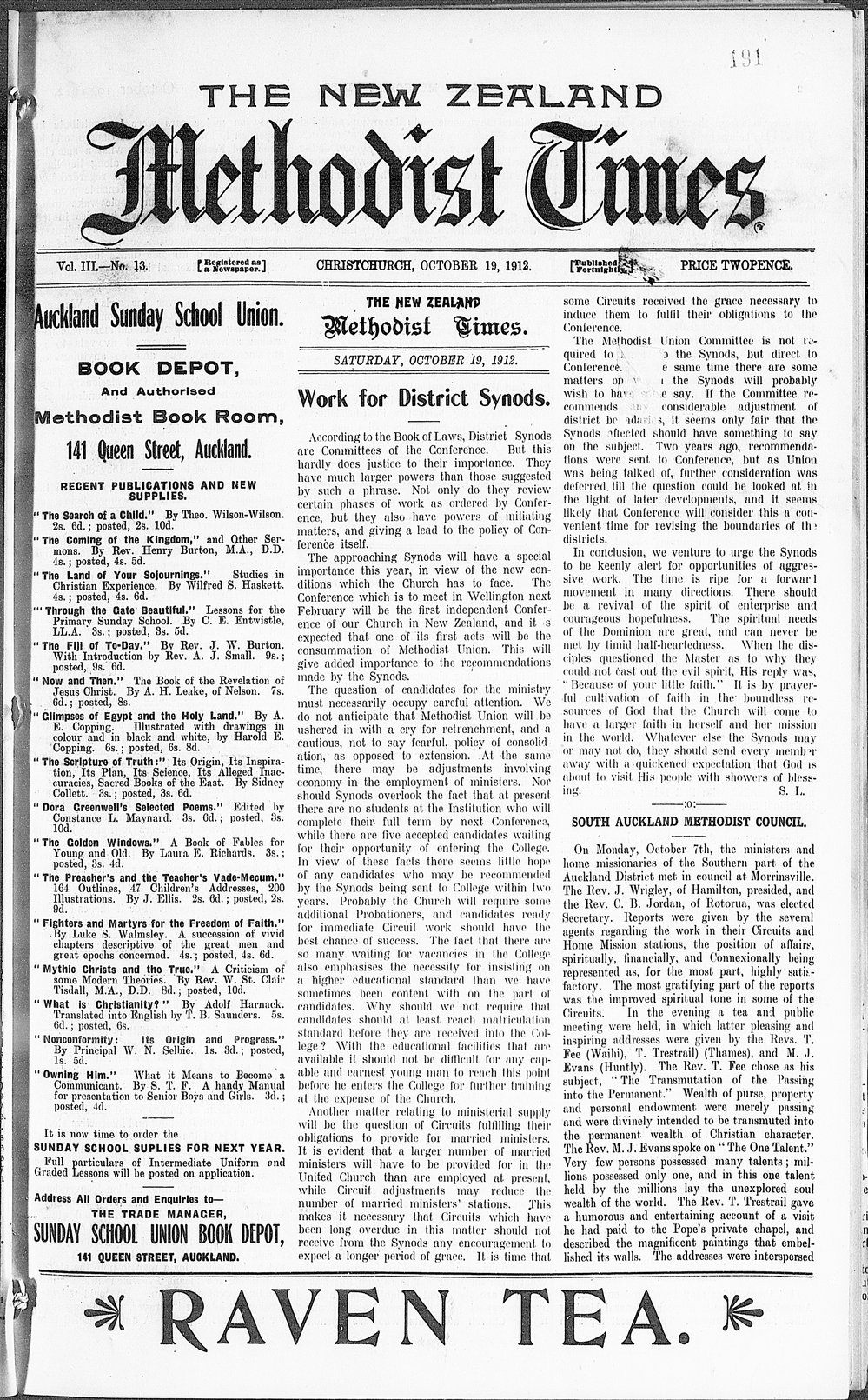 The New Zealand Methodist Times: 19th October 1912