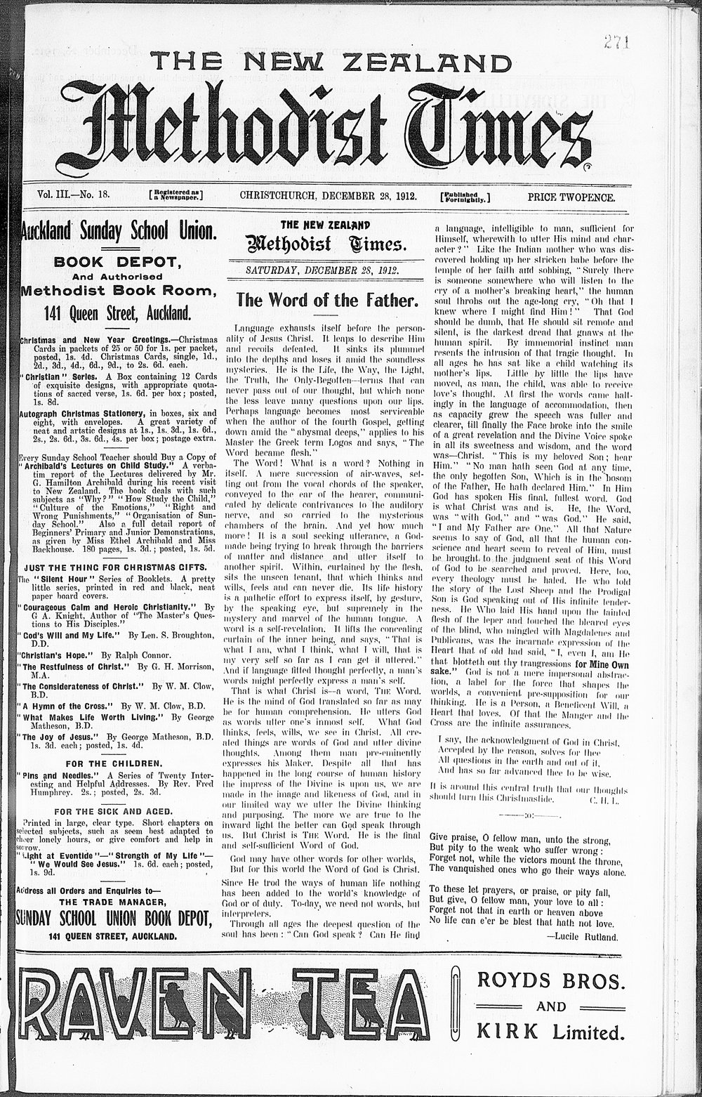 The New Zealand Methodist Times: 28th December 1912
