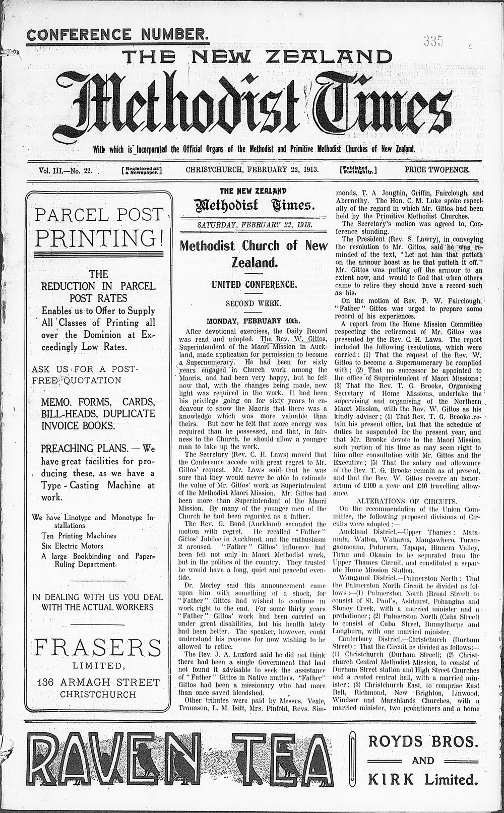 The New Zealand Methodist Times: 22nd February 1913