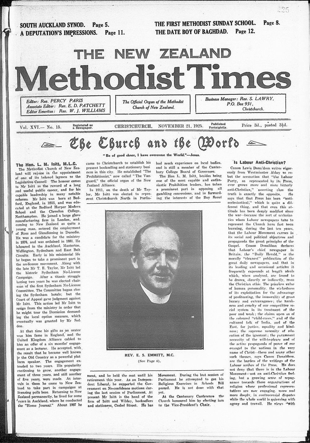 The New Zealand Methodist Times: 21st November 1925