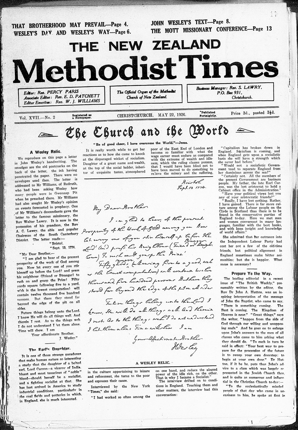 The New Zealand Methodist Times: 22nd May 1926