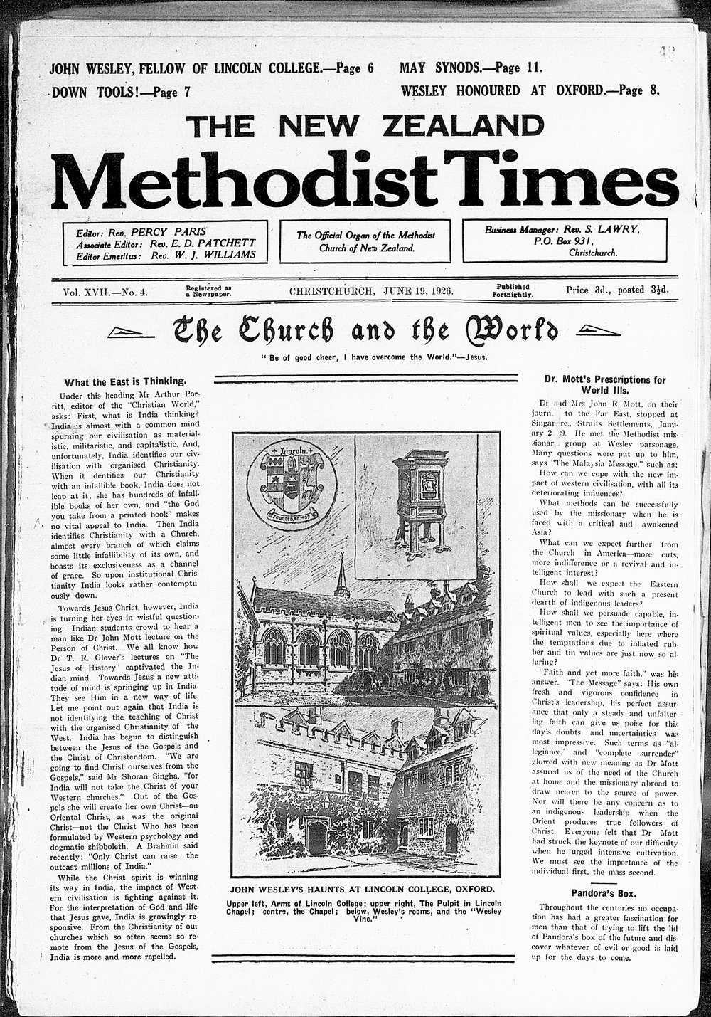 The New Zealand Methodist Times: 19th June 1926