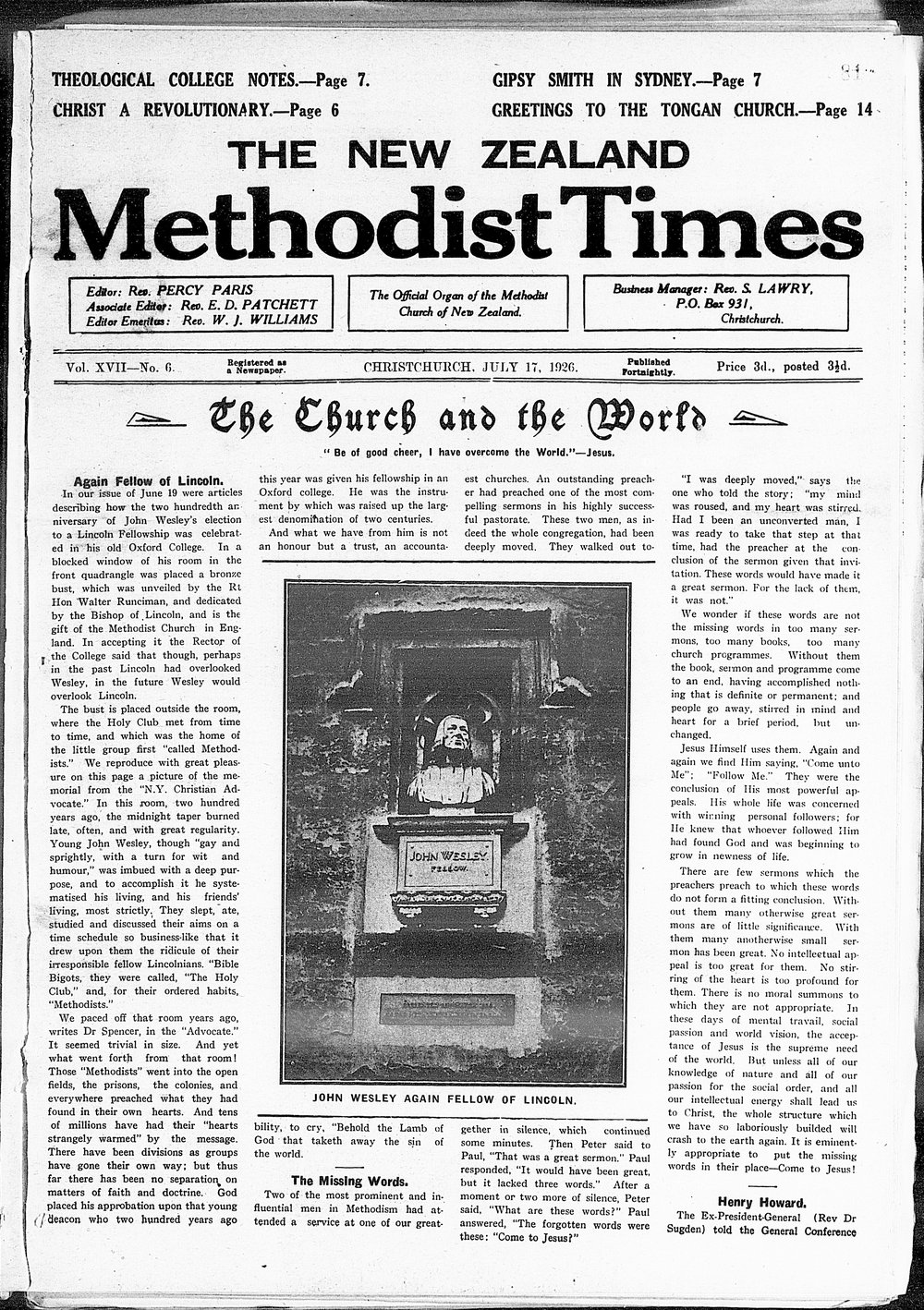 The New Zealand Methodist Times: 17th July 1926