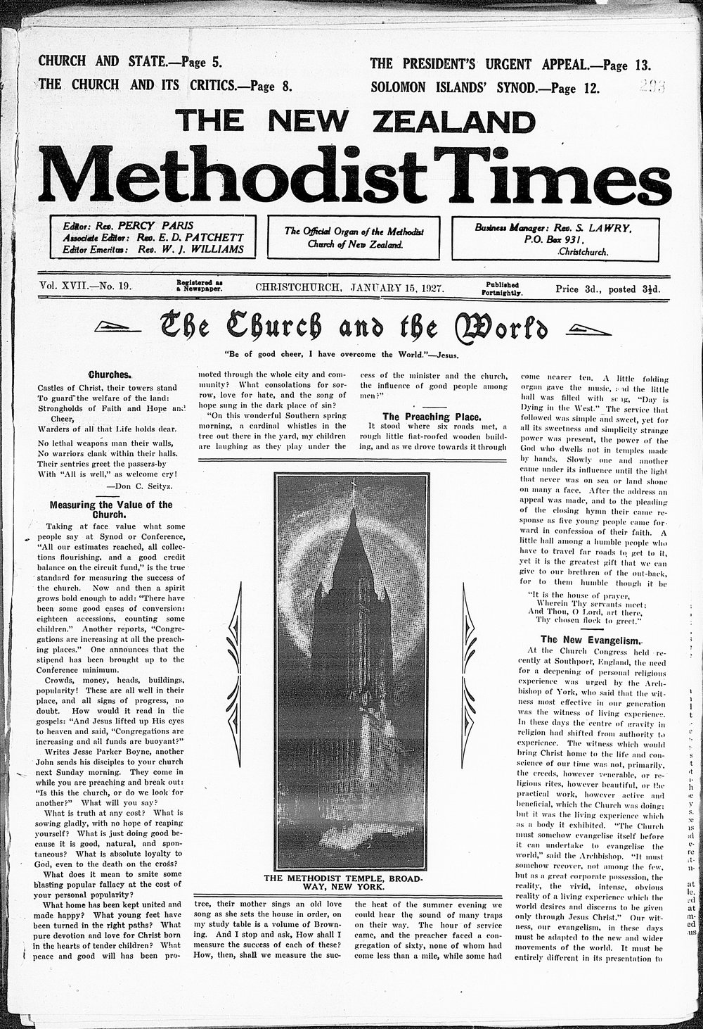 The New Zealand Methodist Times: 15th January 1927