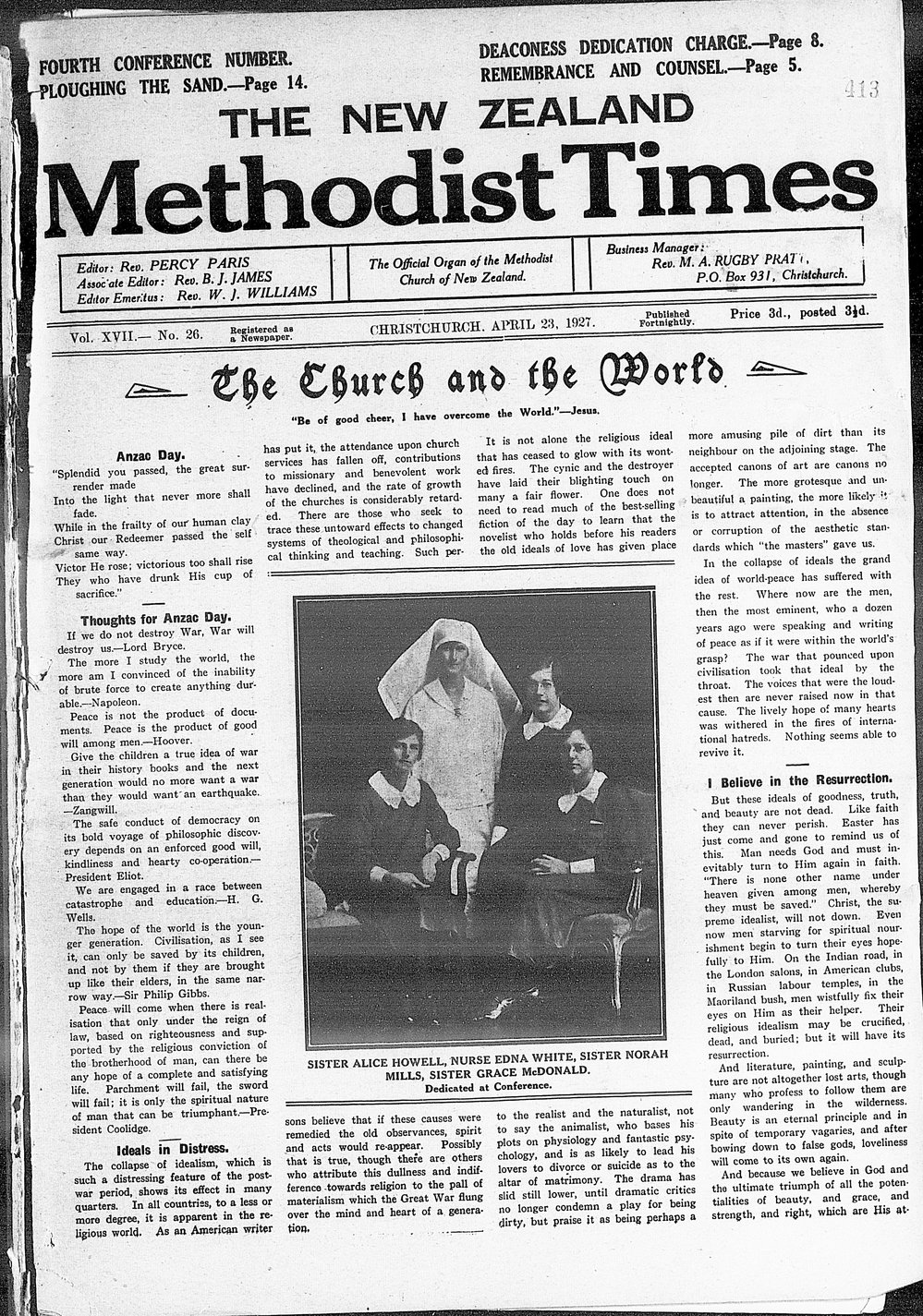 The New Zealand Methodist Times: 23rd April 1927