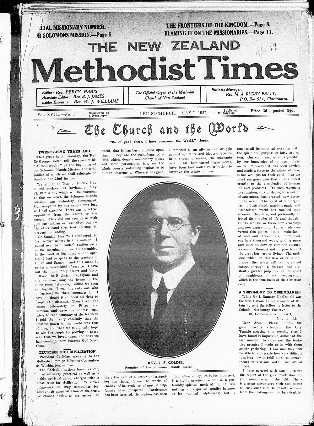 The New Zealand Methodist Times: 7th May 1927