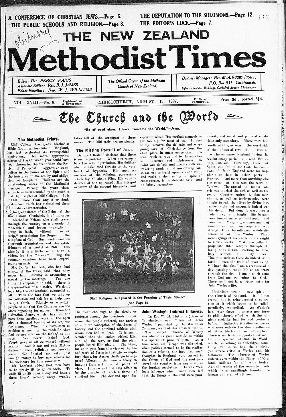 The New Zealand Methodist Times: 13th August 1927