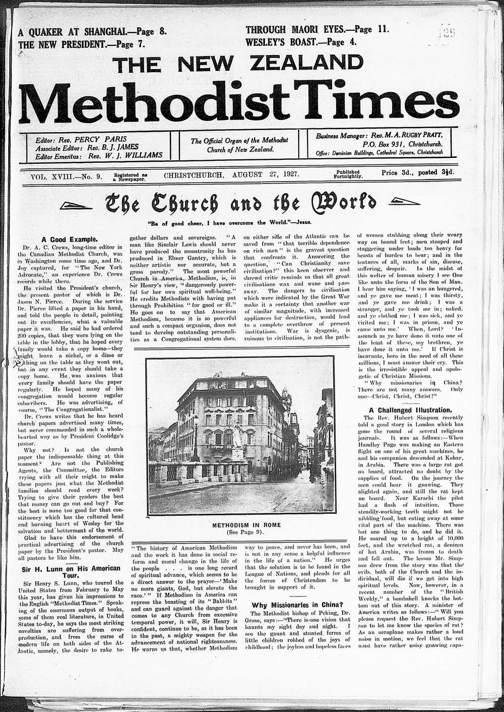 The New Zealand Methodist Times: 27th August 1927