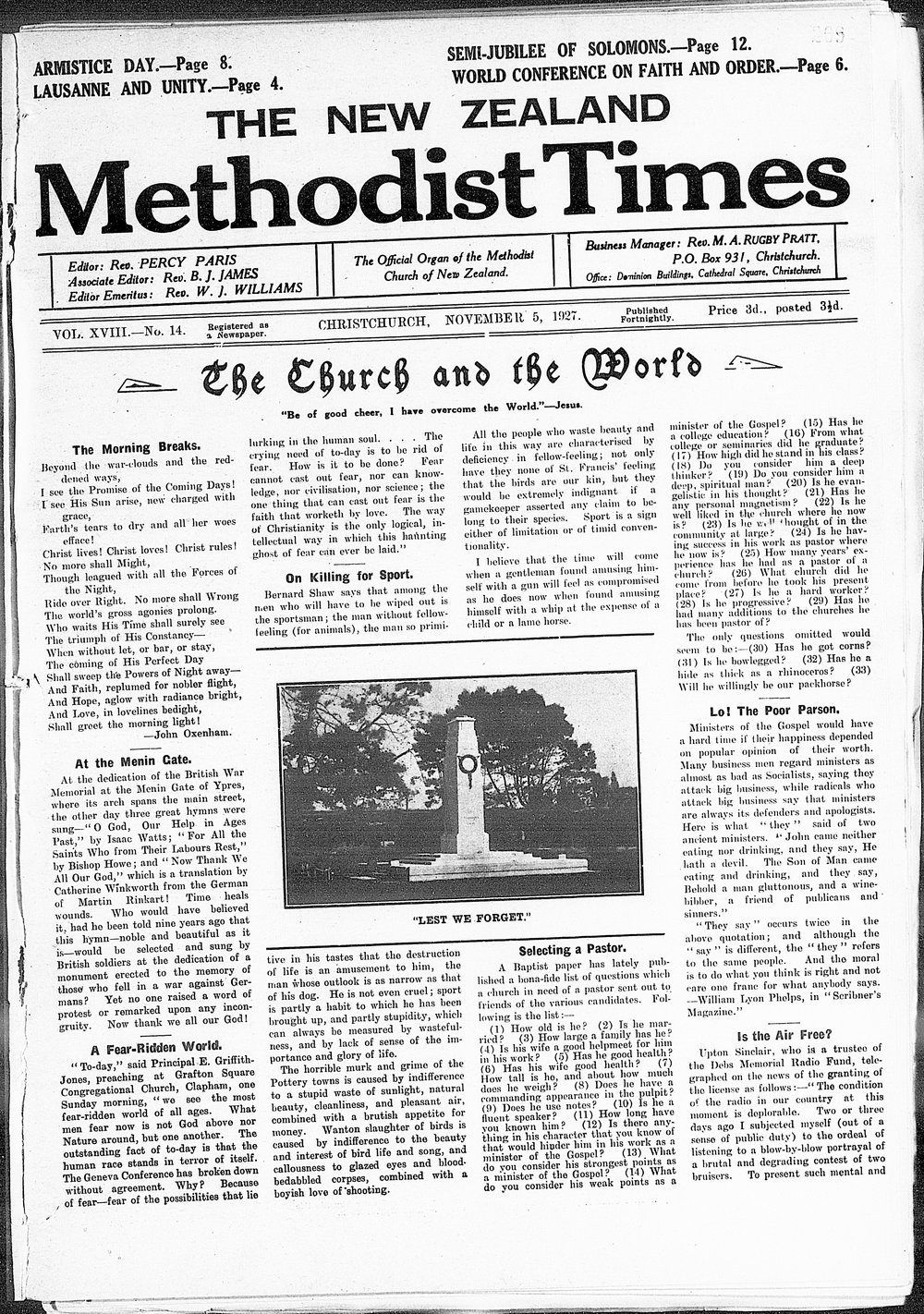 The New Zealand Methodist Times: 5th November 1927