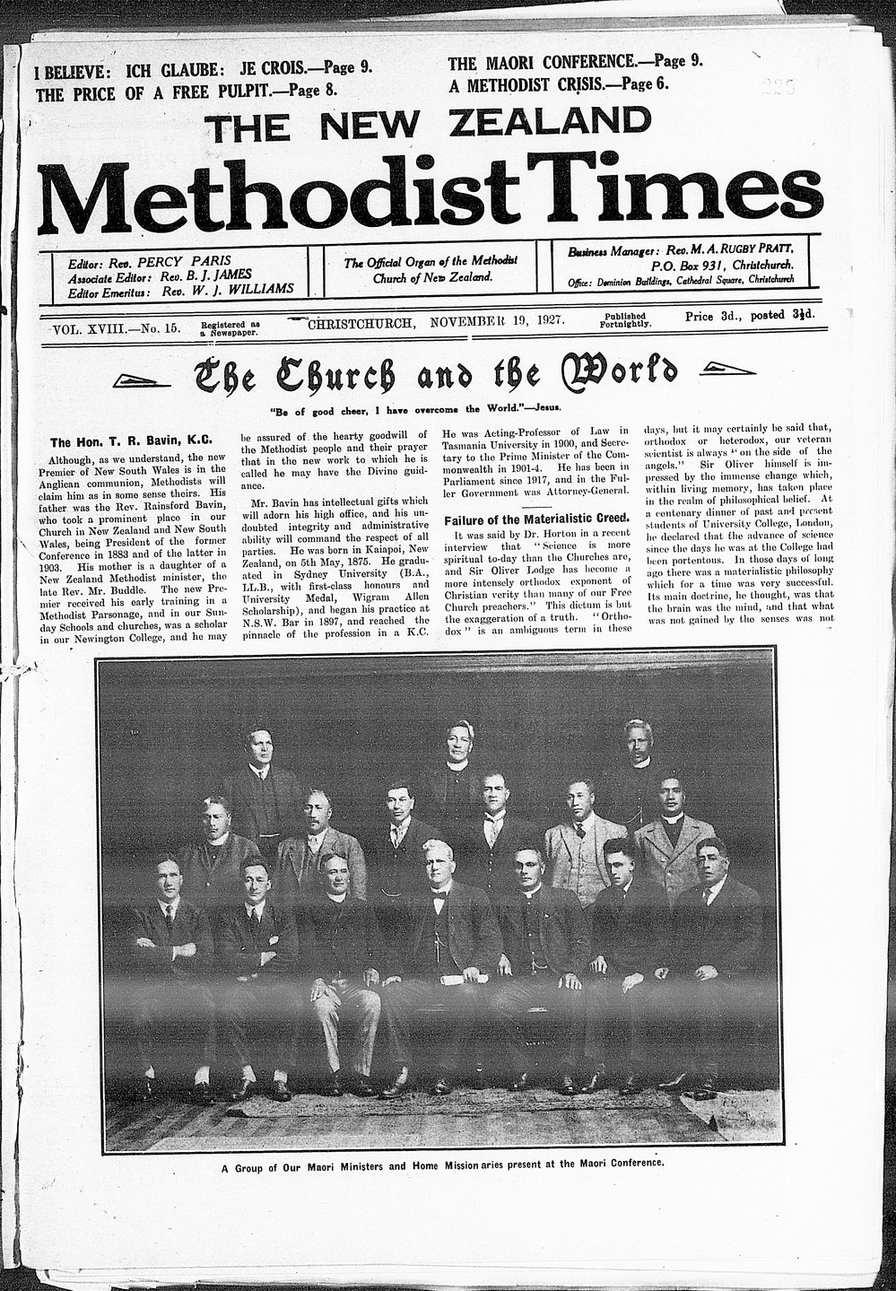 The New Zealand Methodist Times: 19th November 1927