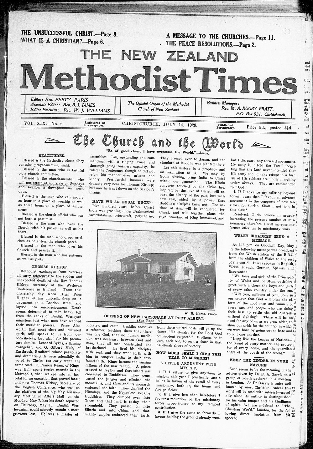 The New Zealand Methodist Times: 14th July 1928
