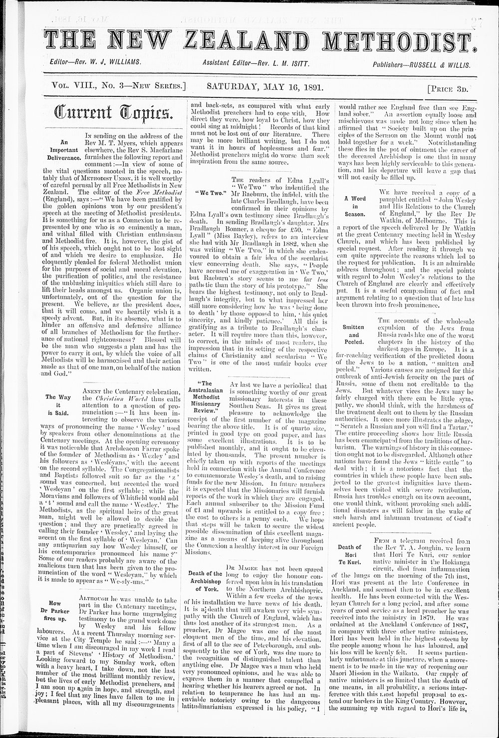 The New Zealand Methodist Times: 16th May 1891