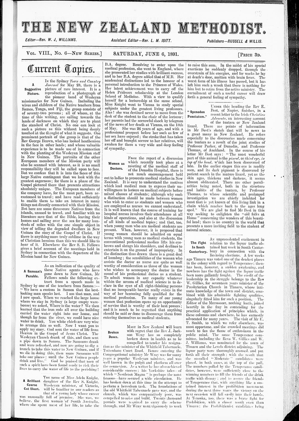 The New Zealand Methodist Times: 6th June 1891