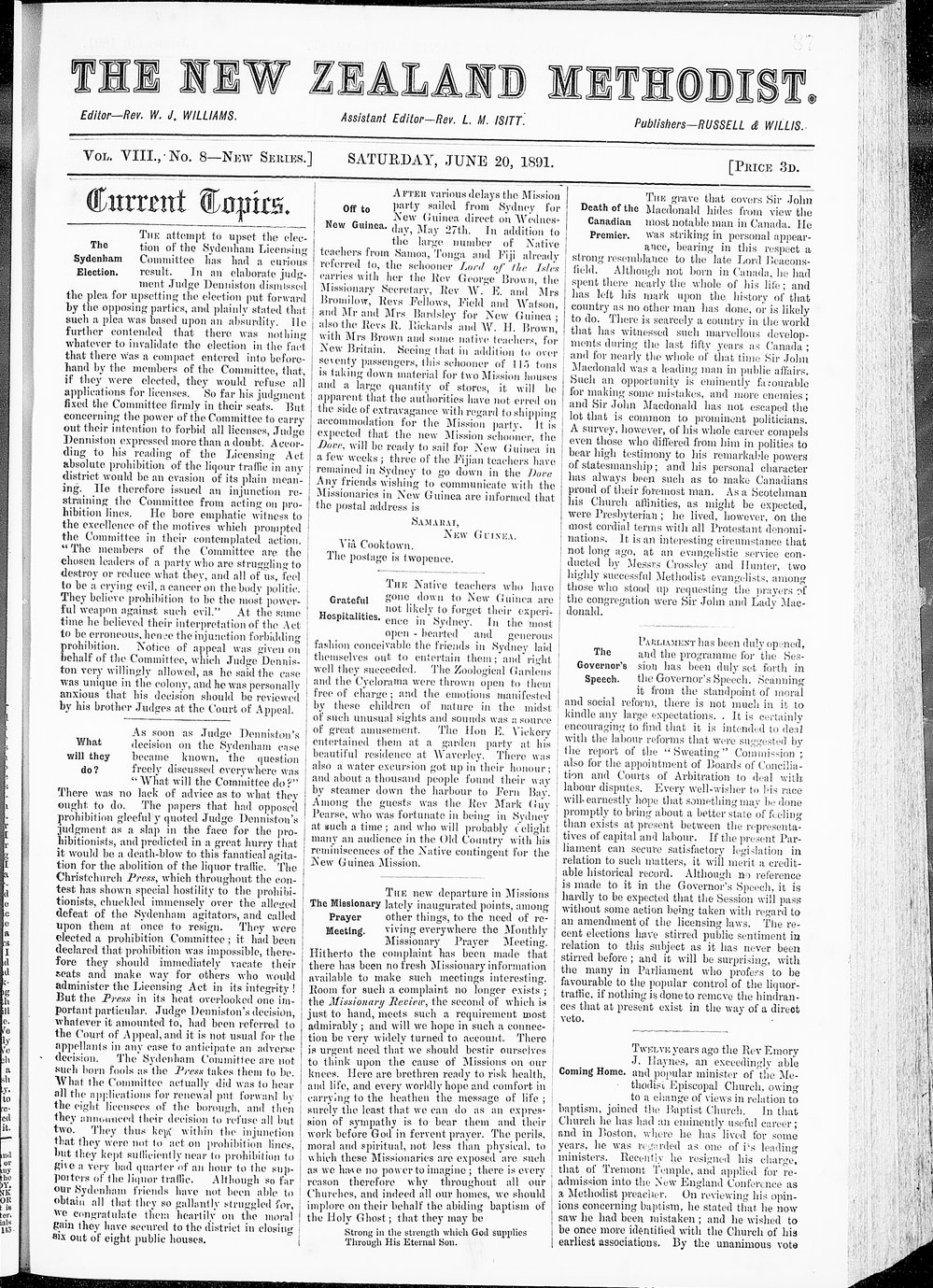 The New Zealand Methodist Times: 20th June 1891