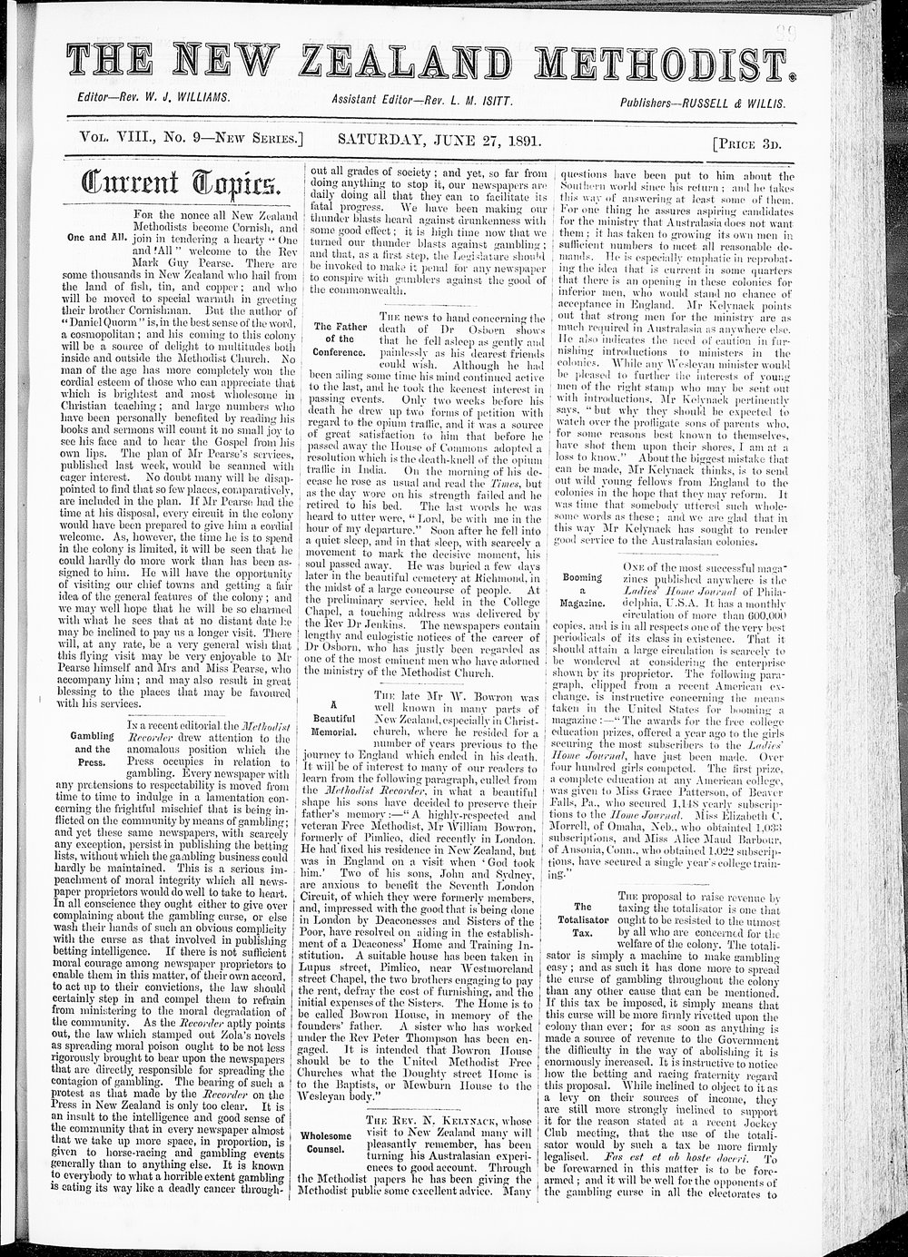 The New Zealand Methodist Times: 27th June 1891