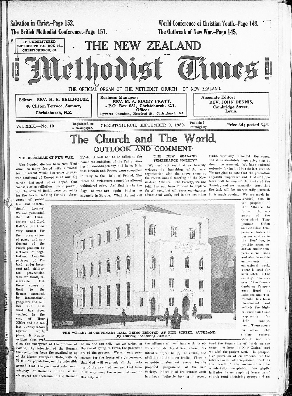 The New Zealand Methodist Times: 9th September 1939