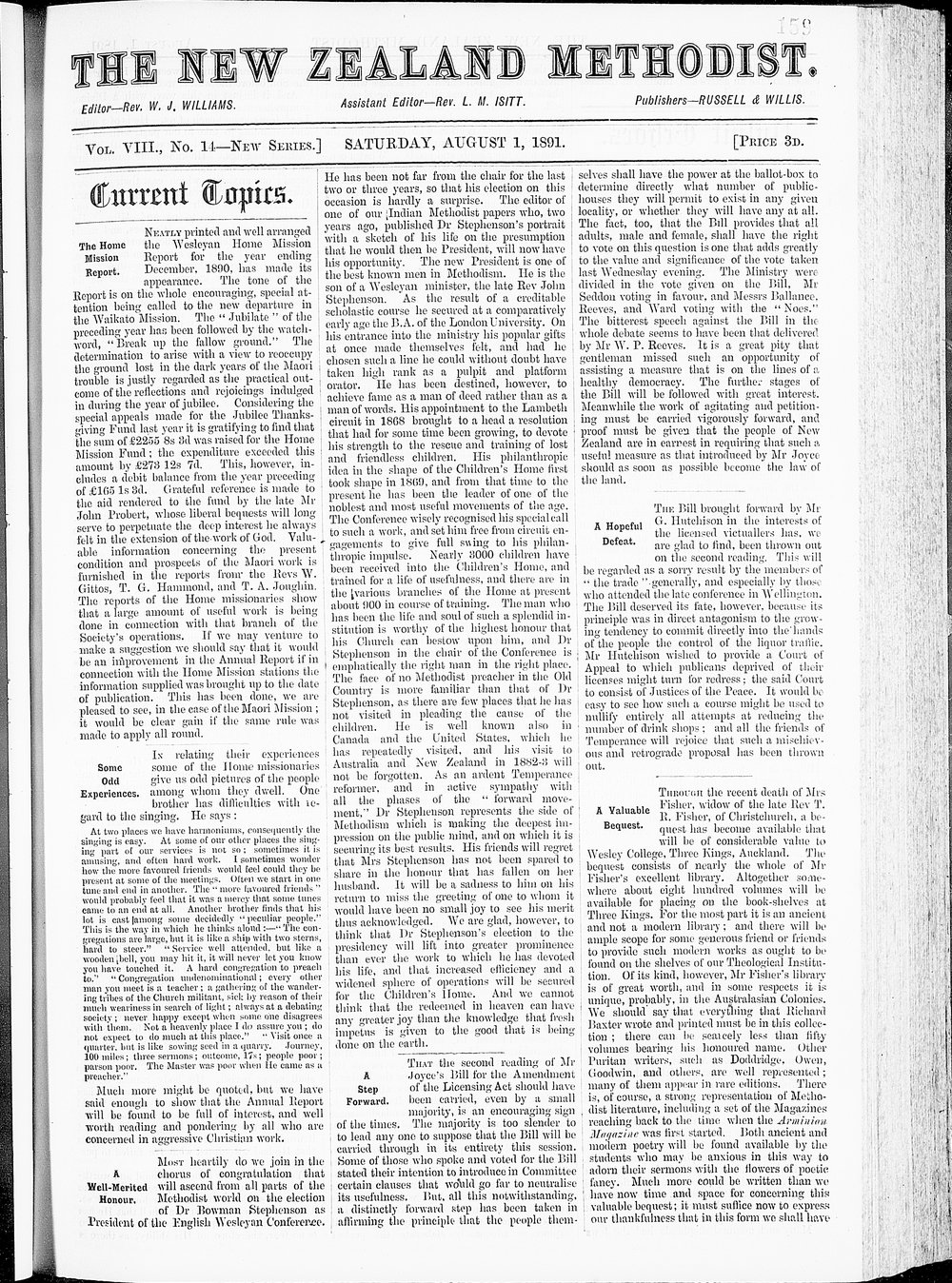 The New Zealand Methodist Times: 1st August 1891