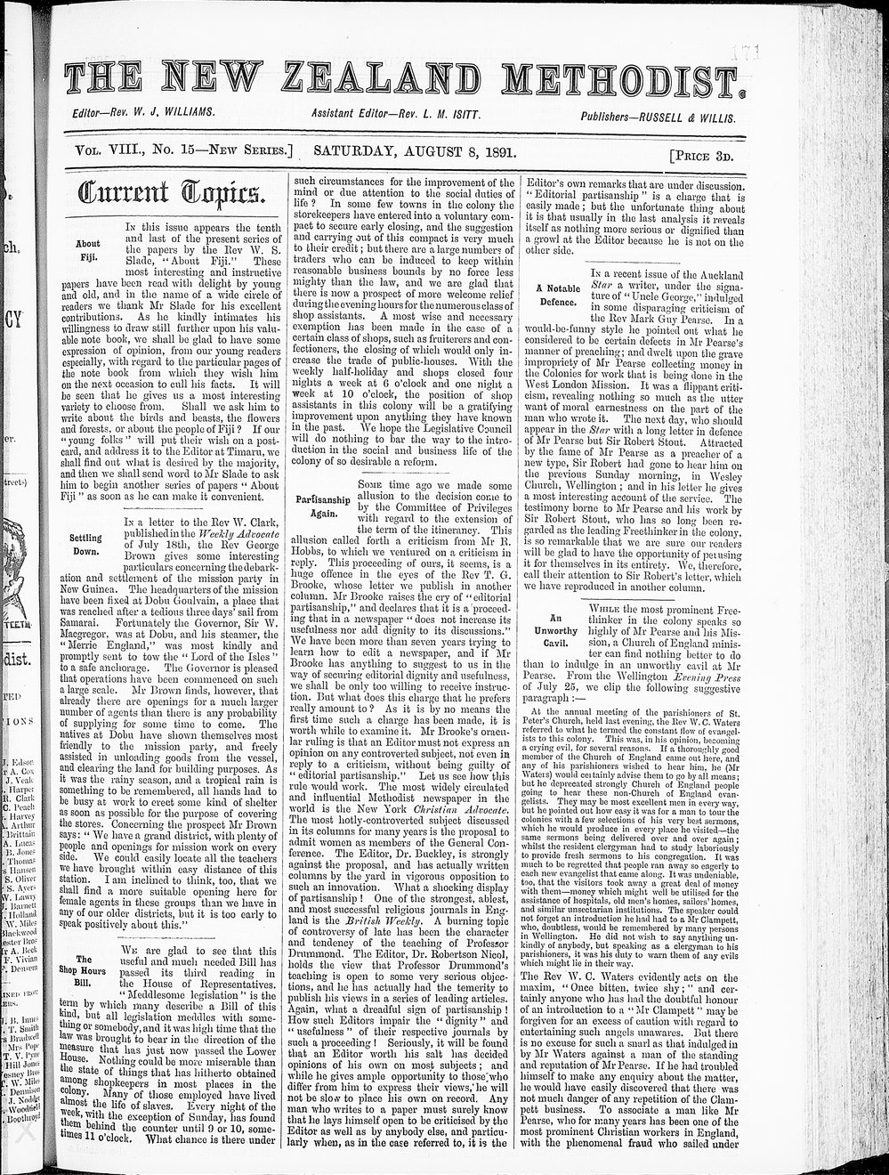 The New Zealand Methodist Times: 8th August 1891