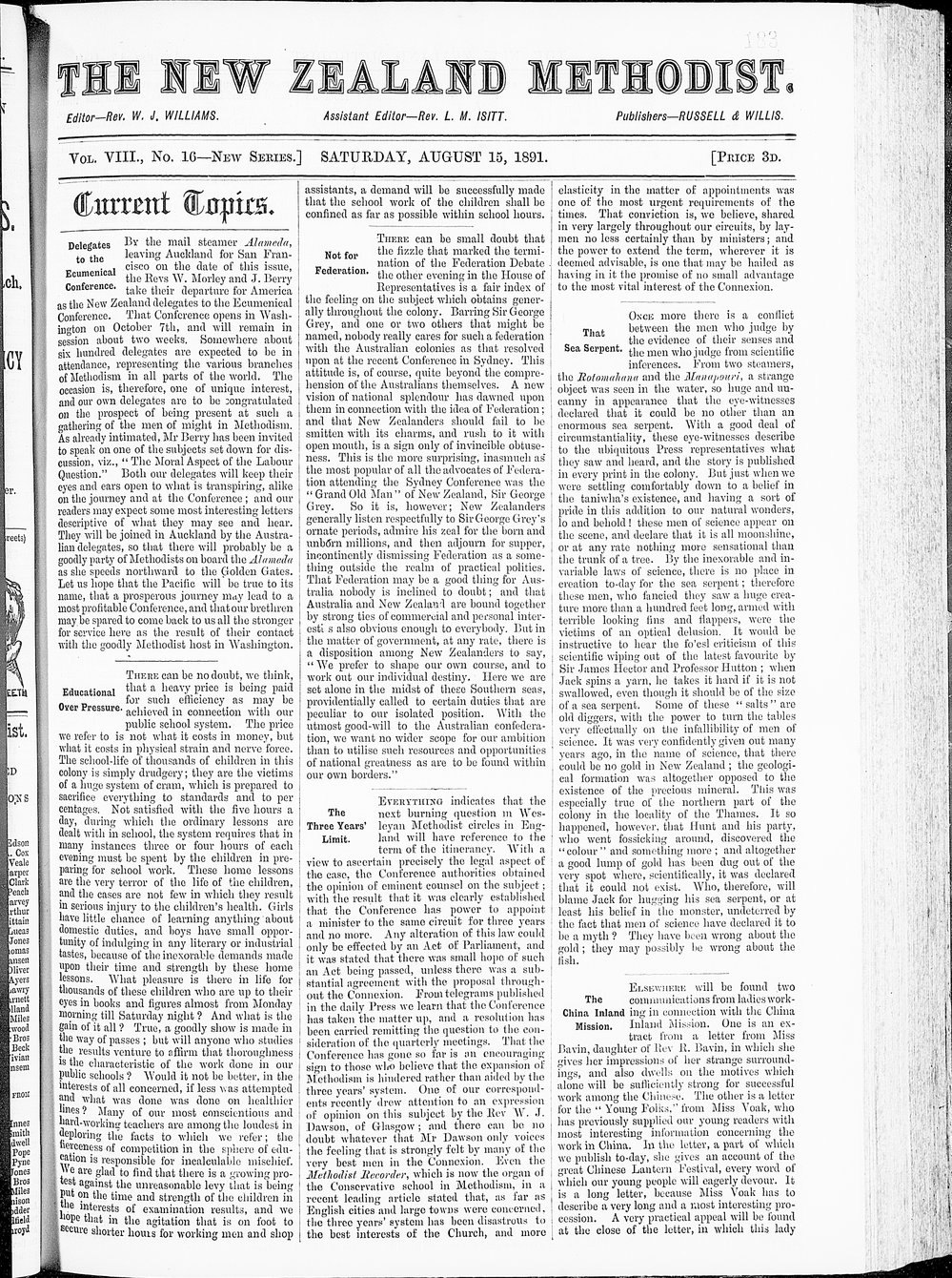 The New Zealand Methodist Times: 15th August 1891