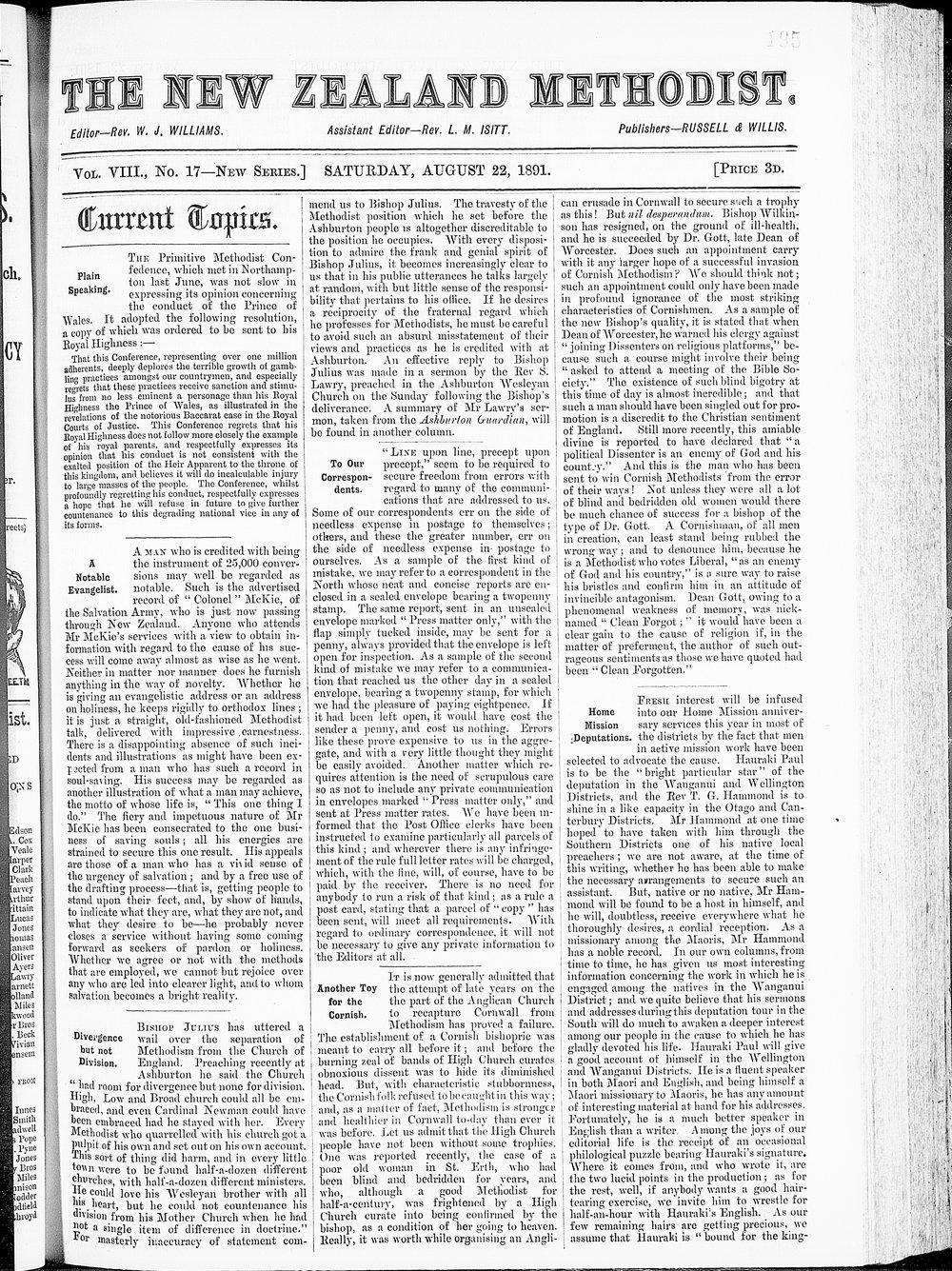 The New Zealand Methodist Times: 22nd August 1891