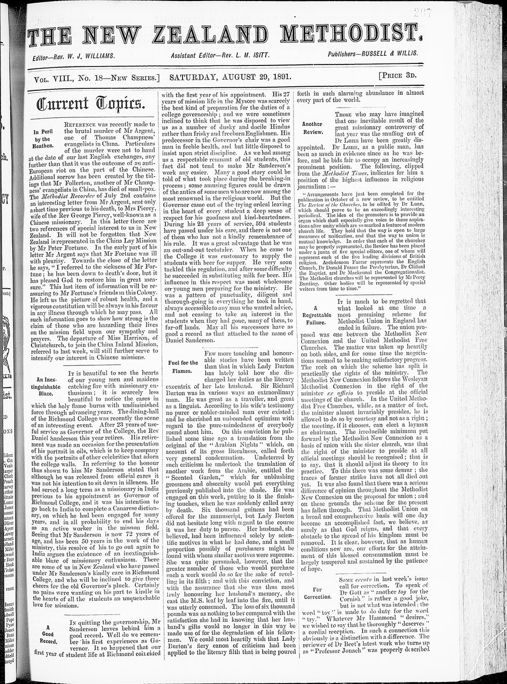 The New Zealand Methodist Times: 29th August 1891