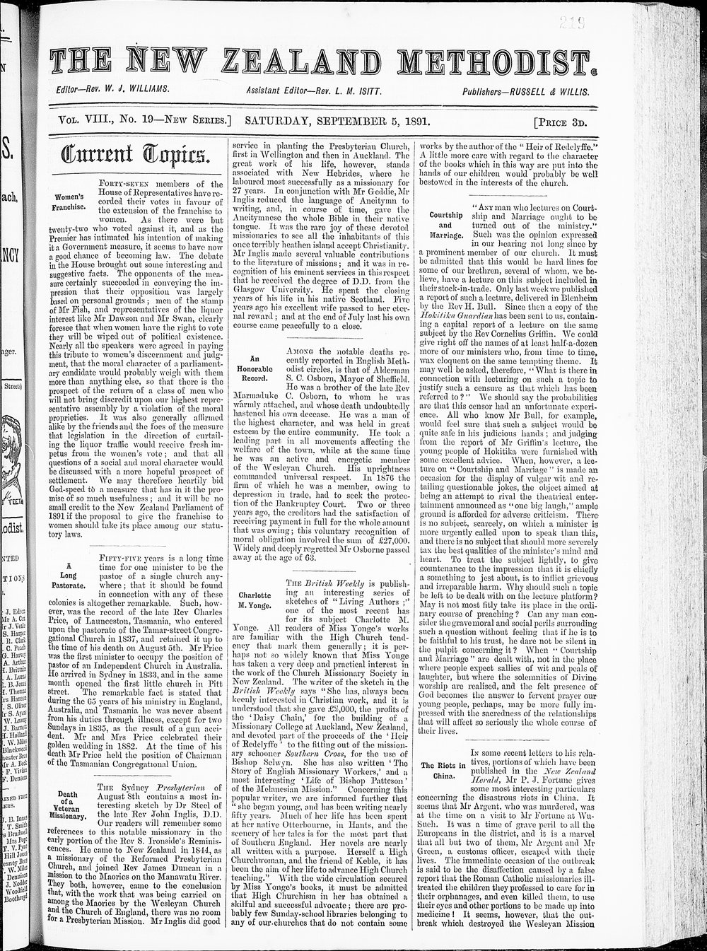 The New Zealand Methodist Times: 5th September 1891