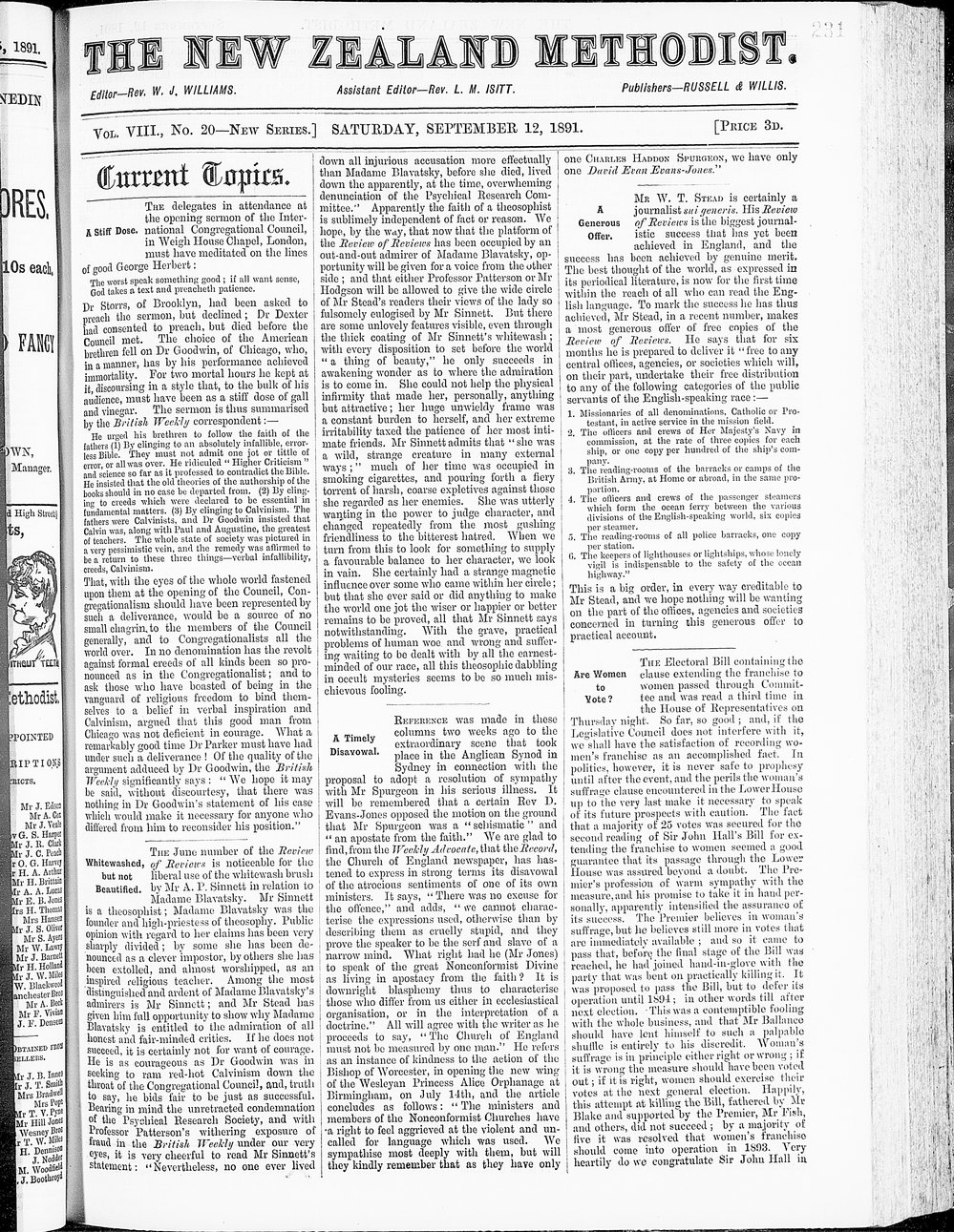 The New Zealand Methodist Times: 12th September 1891