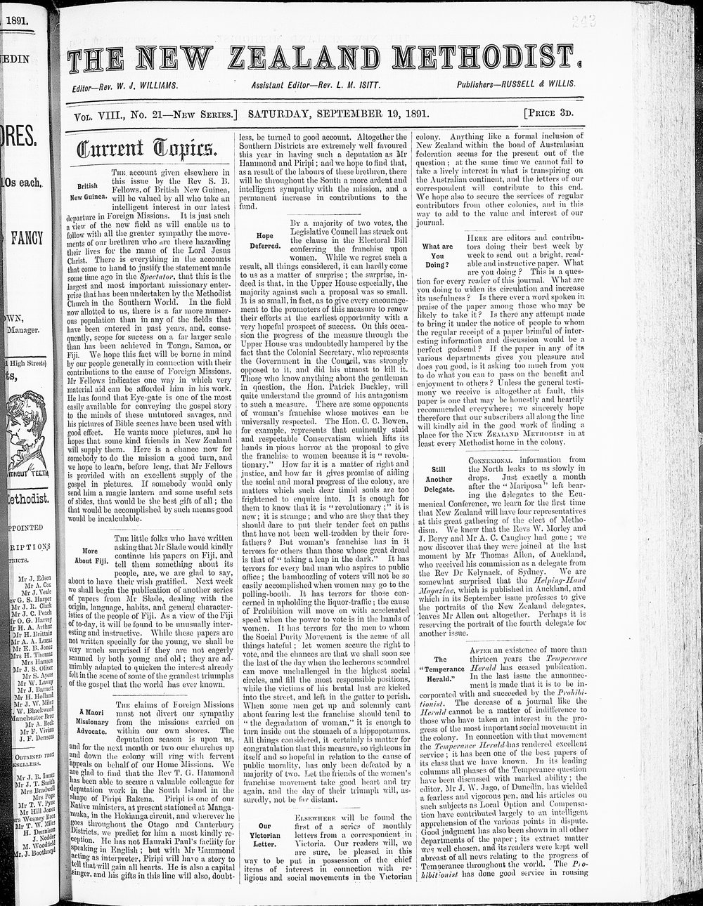 The New Zealand Methodist Times: 19th September 1891