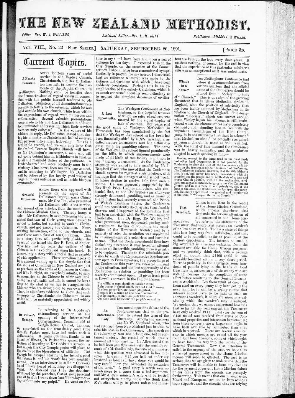 The New Zealand Methodist Times: 26th September 1891