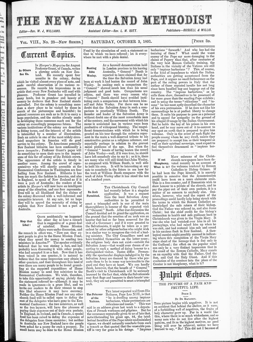 The New Zealand Methodist Times: 3rd October 1891