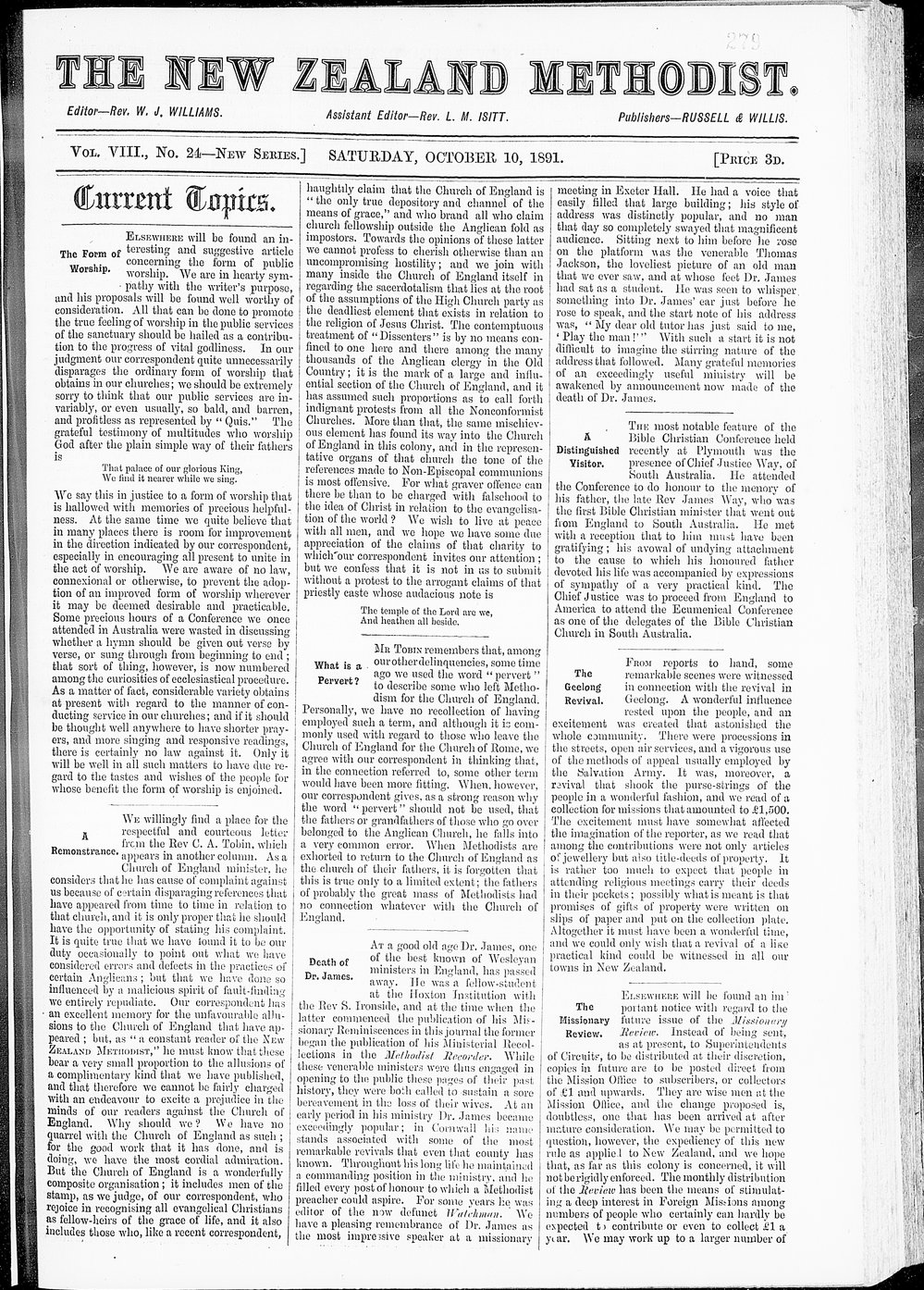 The New Zealand Methodist Times: 10th October 1891