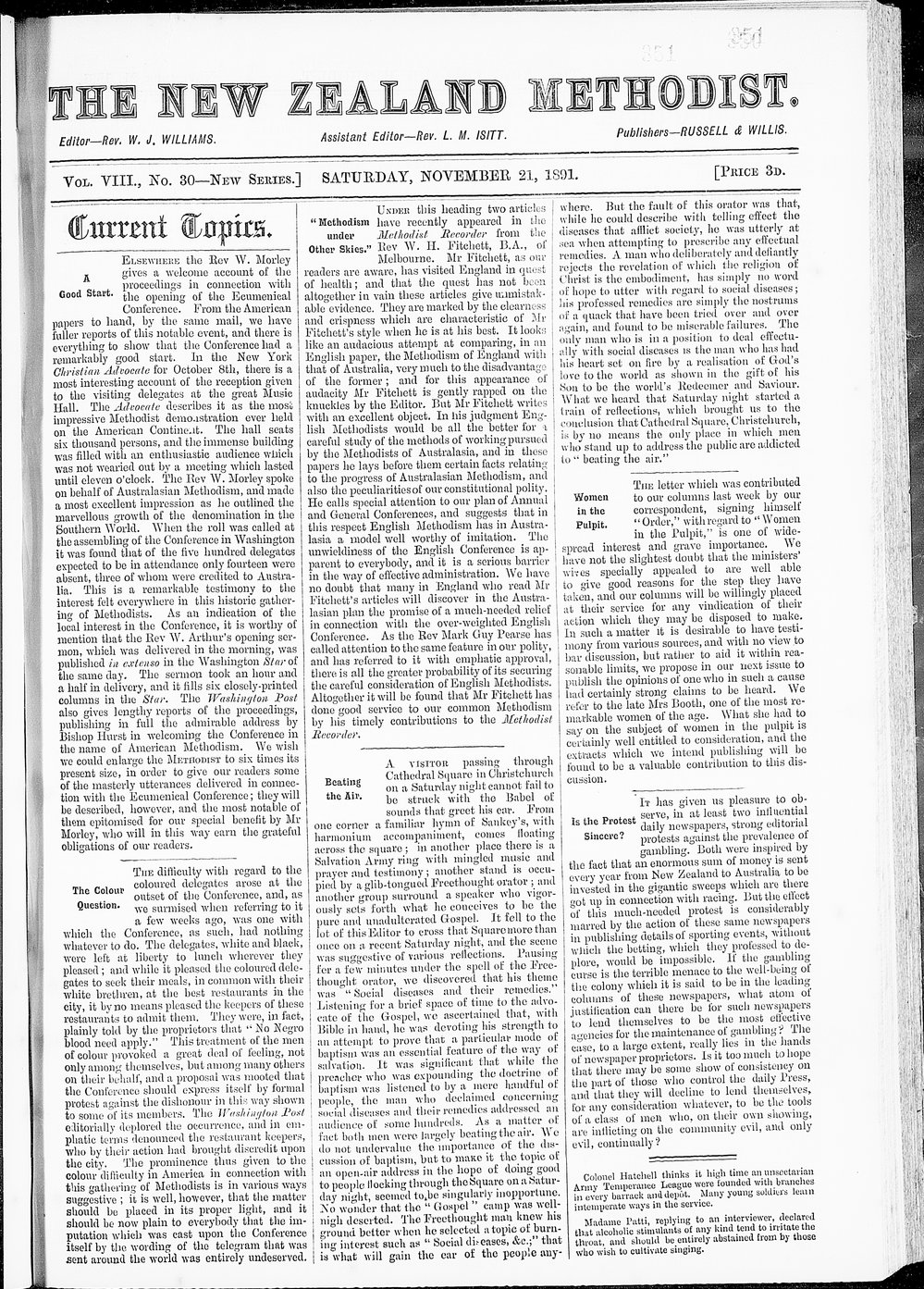 The New Zealand Methodist Times: 21st November 1891