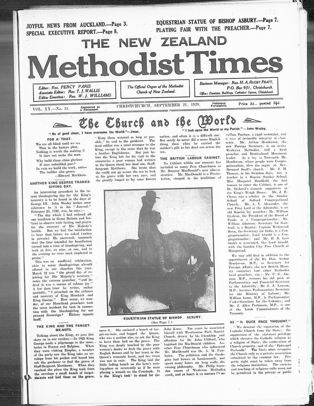 The New Zealand Methodist Times: 21st September 1929
