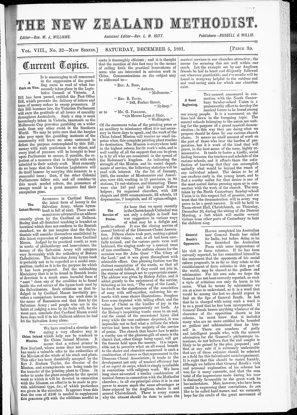 The New Zealand Methodist Times: 5th December 1891