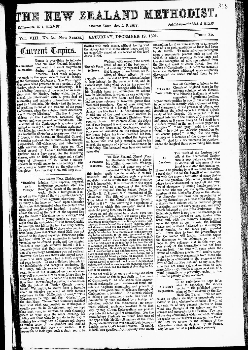 The New Zealand Methodist Times: 19th December 1891