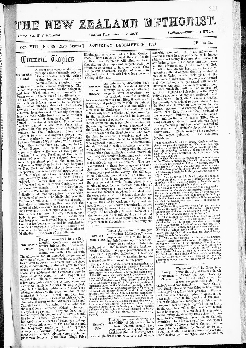 The New Zealand Methodist Times: 26th December 1891