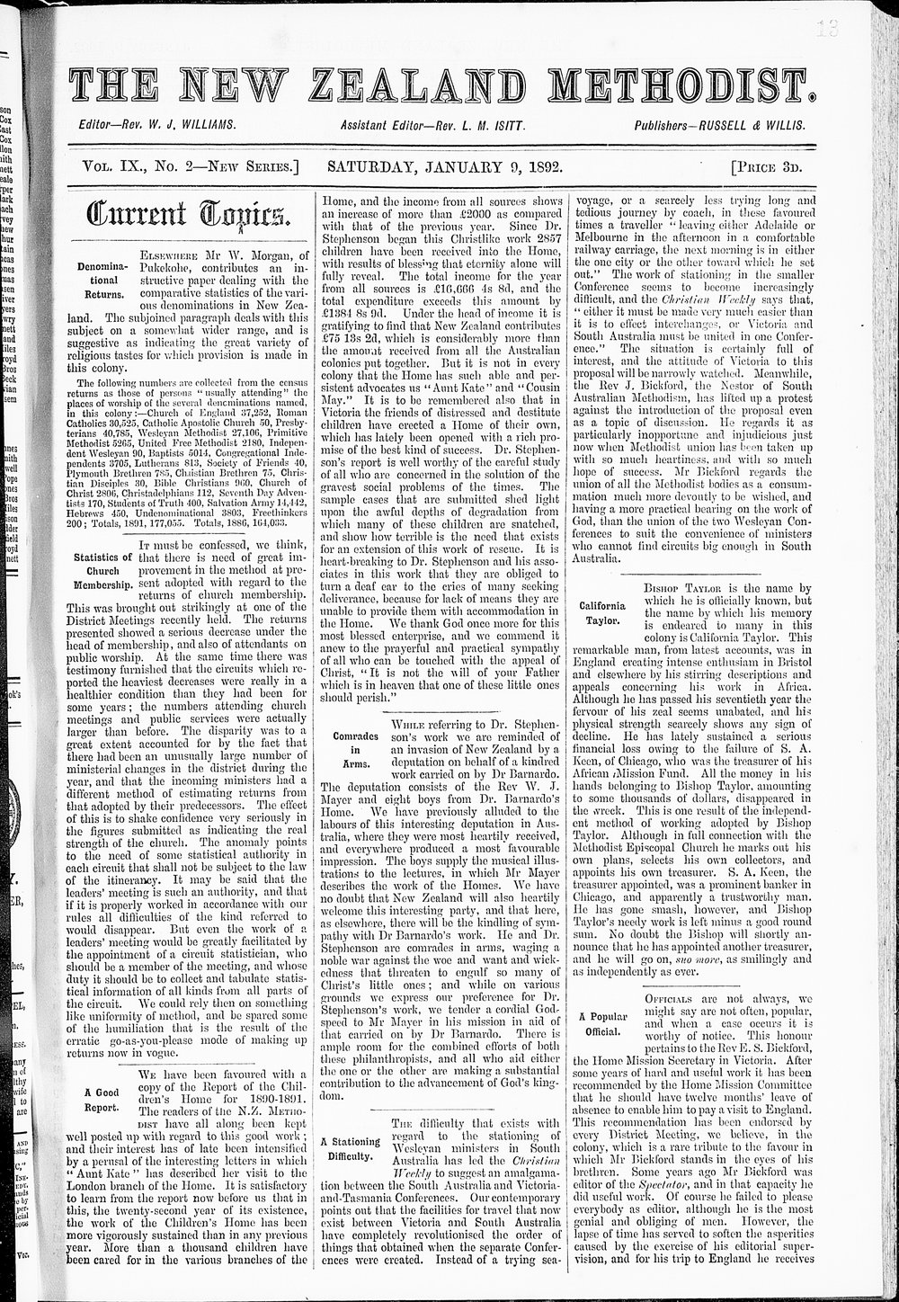 The New Zealand Methodist Times: 9th January 1892