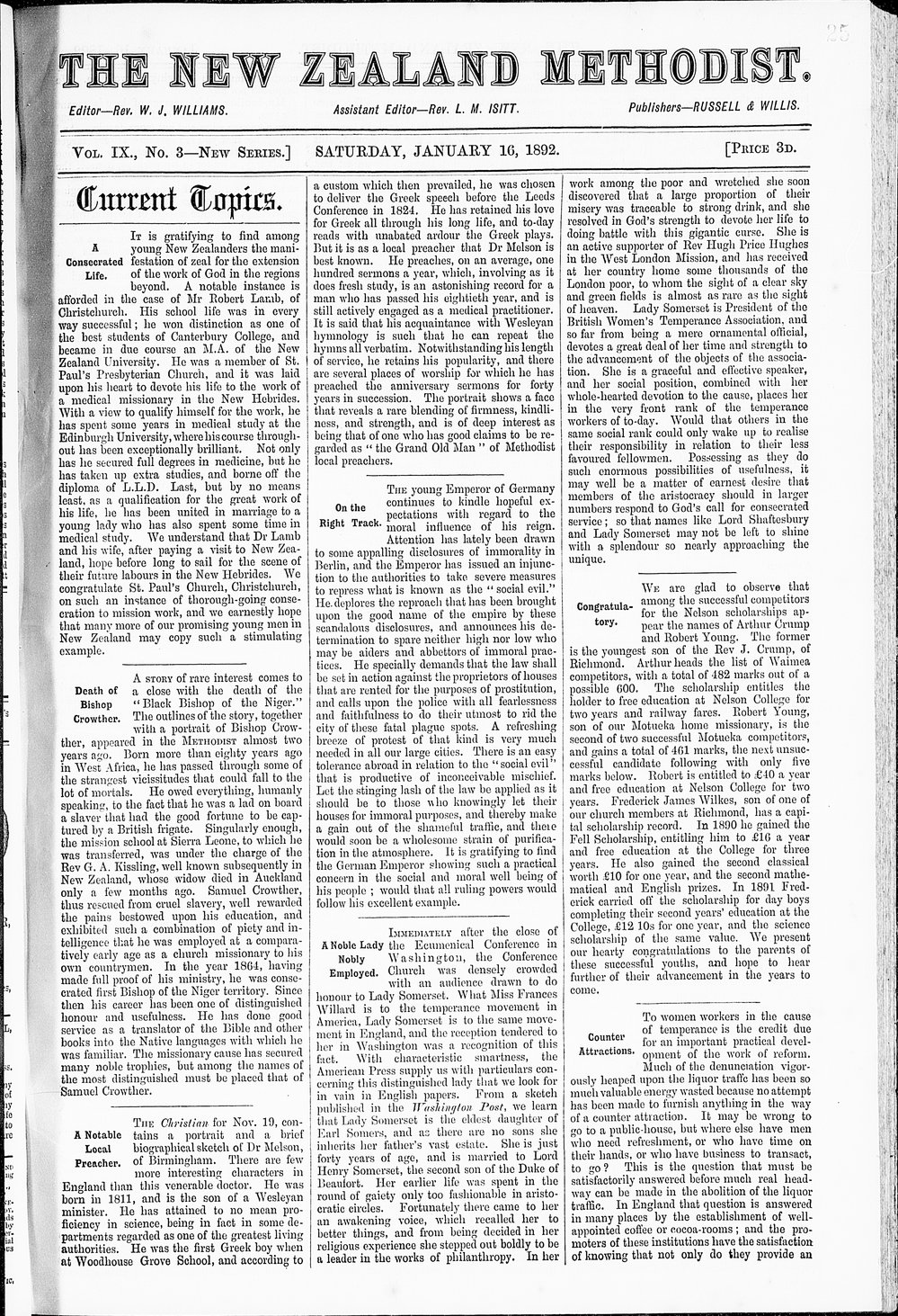 The New Zealand Methodist Times: 16th January 1892