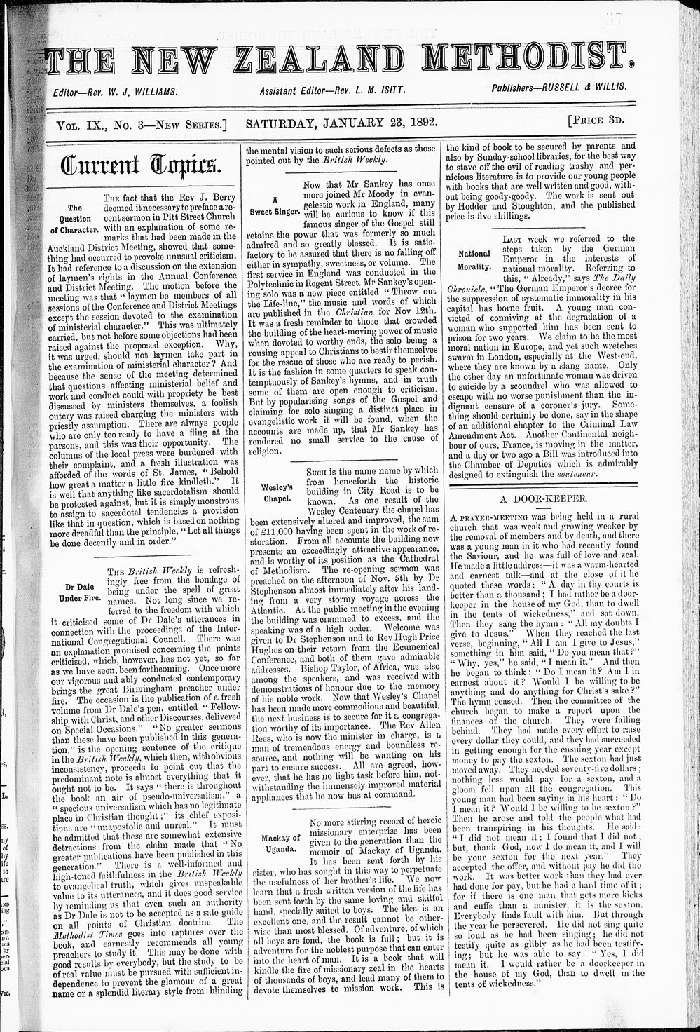 The New Zealand Methodist Times: 23rd January 1892