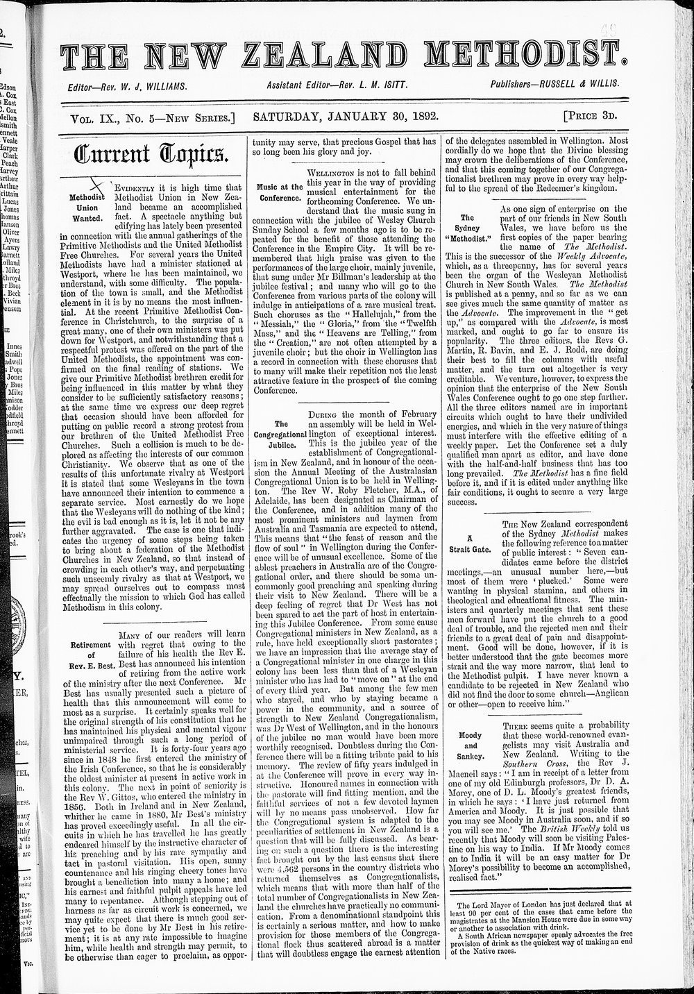 The New Zealand Methodist Times: 30th January 1892