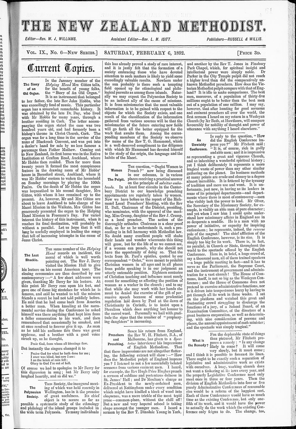 The New Zealand Methodist Times: 6th February 1892
