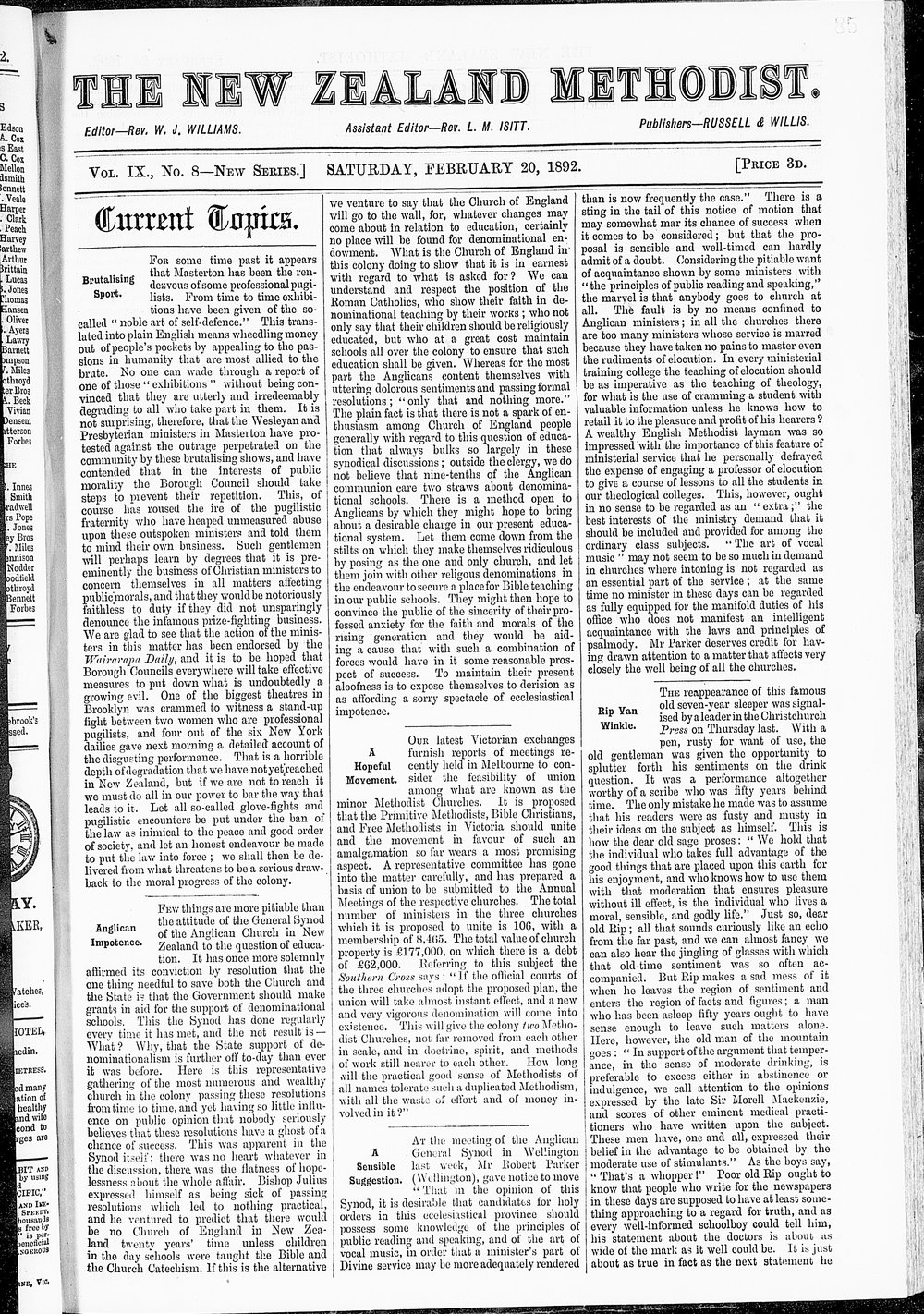The New Zealand Methodist Times: 20th February 1892