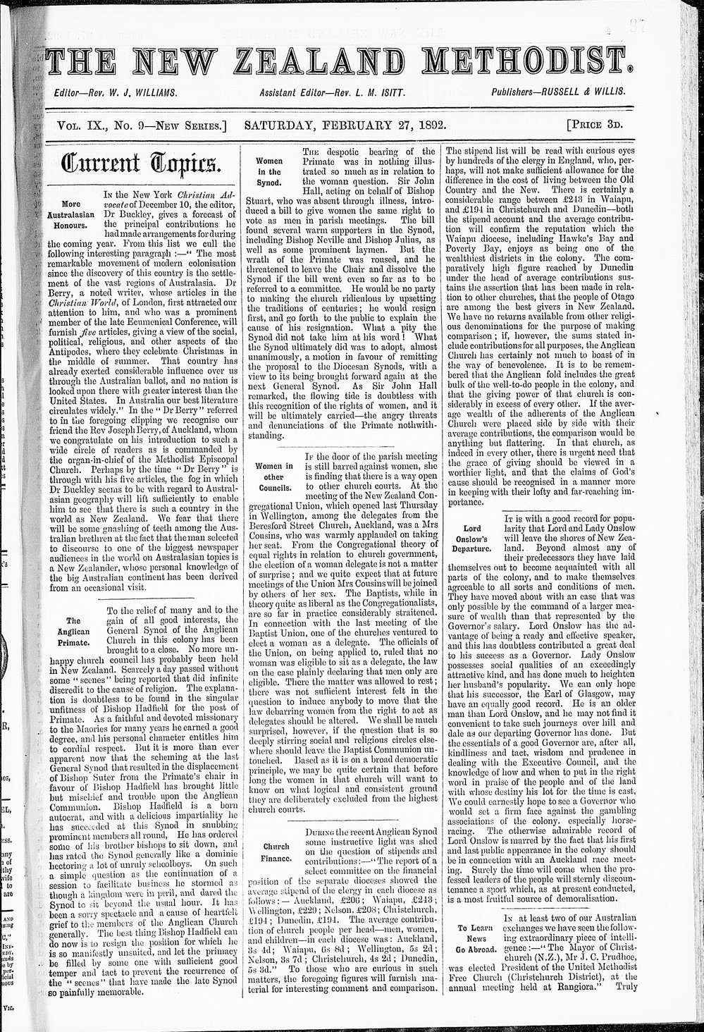 The New Zealand Methodist Times: 27th February 1892
