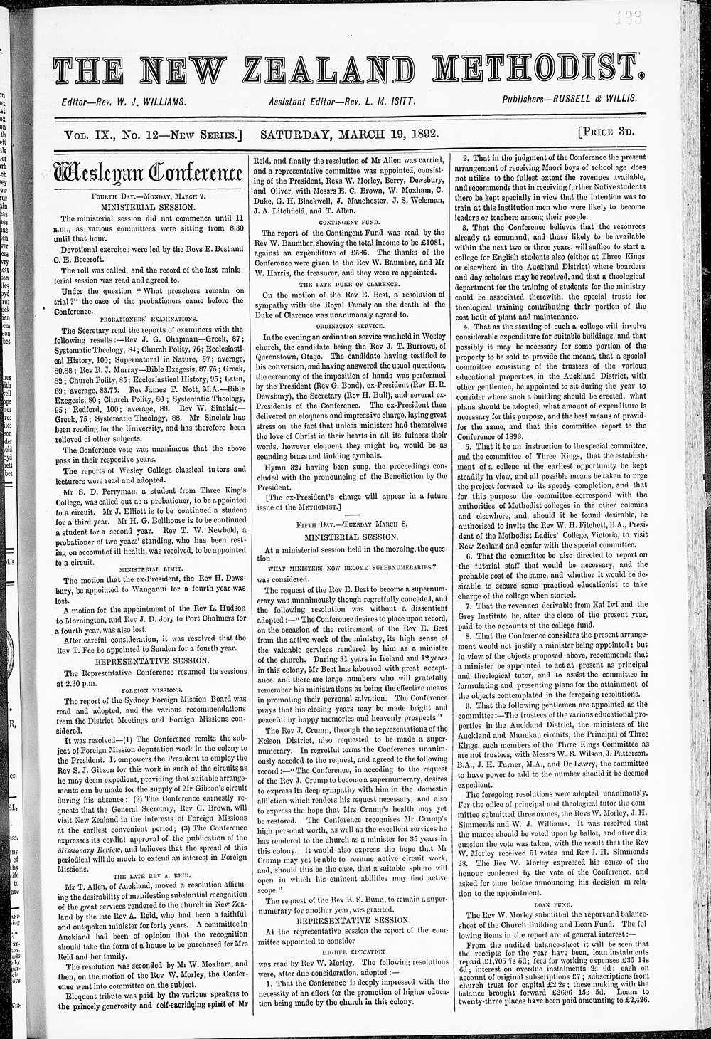 The New Zealand Methodist Times: 19th March 1892