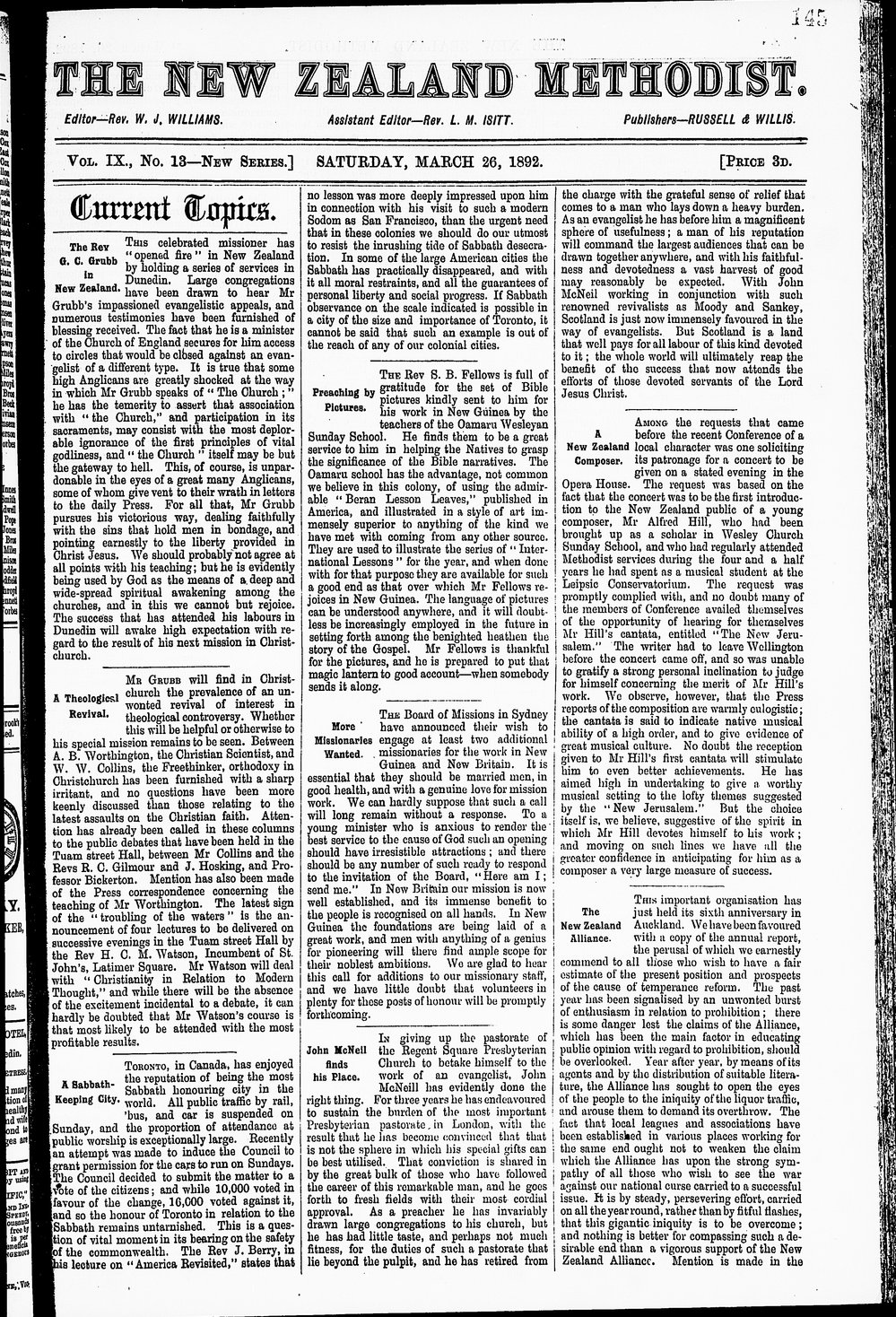 The New Zealand Methodist Times: 26th March 1892