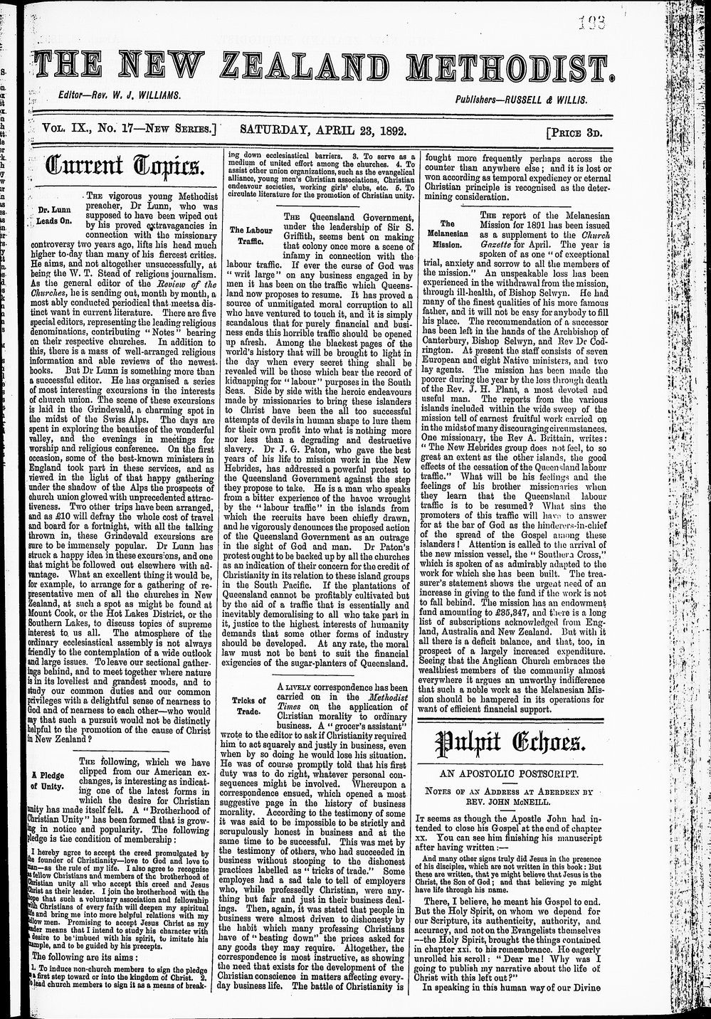 The New Zealand Methodist Times: 23rd April 1892