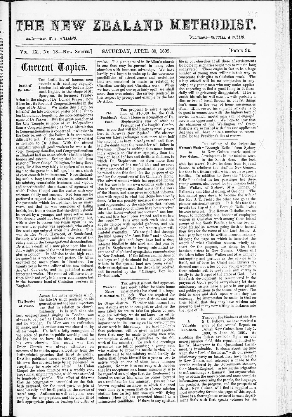 The New Zealand Methodist Times: 30th April 1892